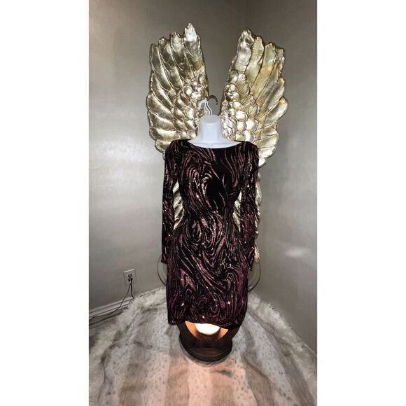 Cache Purple Black Swirl Beaded Long Sleeve Evening Cocktail Dress Sz S - Picture 3 of 15